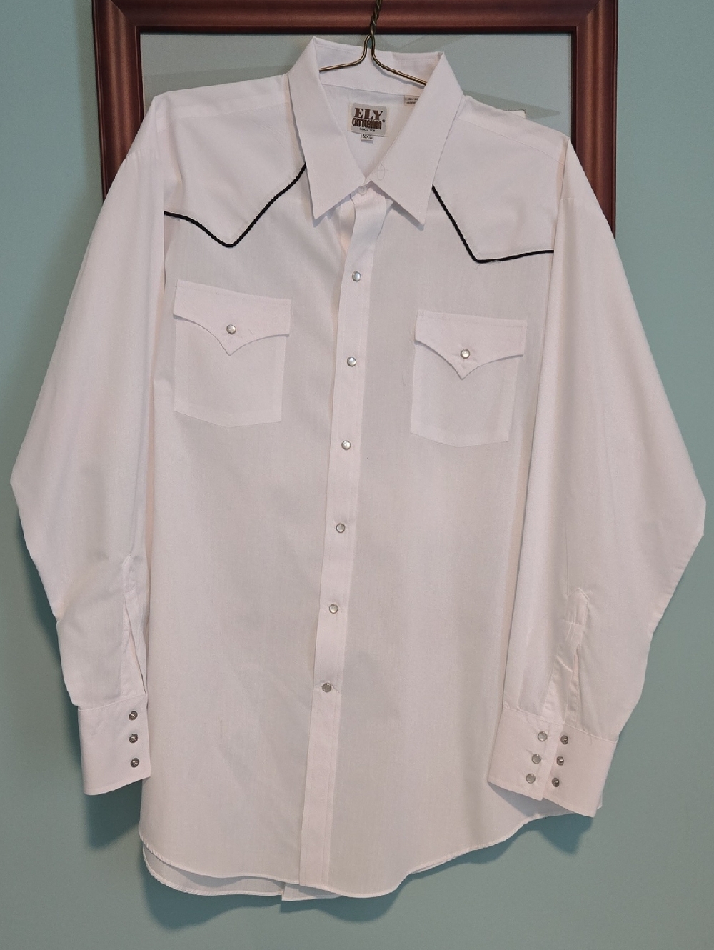 Ely Cattleman White Western Pearl Snap Shirt with Black Piping